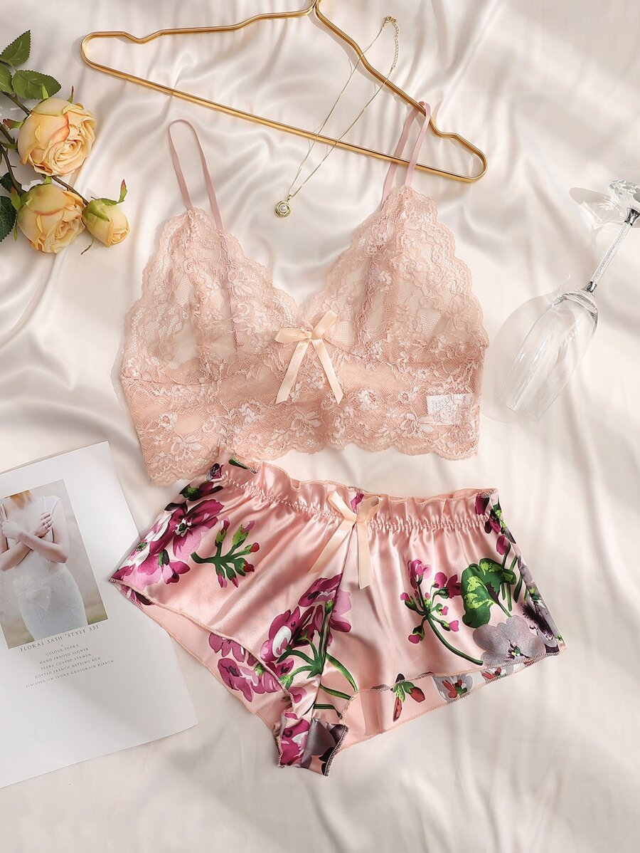 Lace Bralette Set - Pink Floral Lace Bralette and Satin