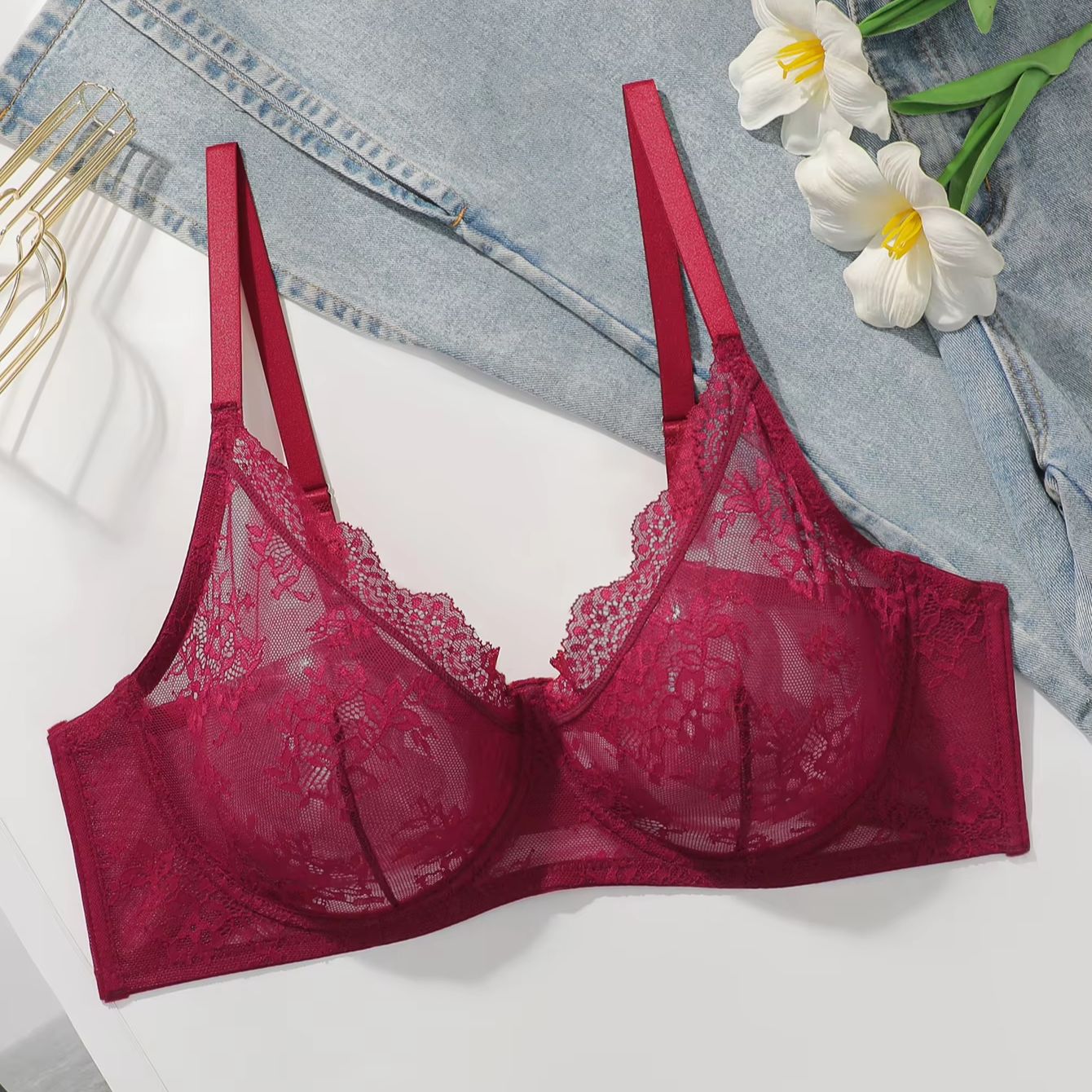 Women Plus Size Red Lace Sheer – Sheer Bra Lace recenzja i cena